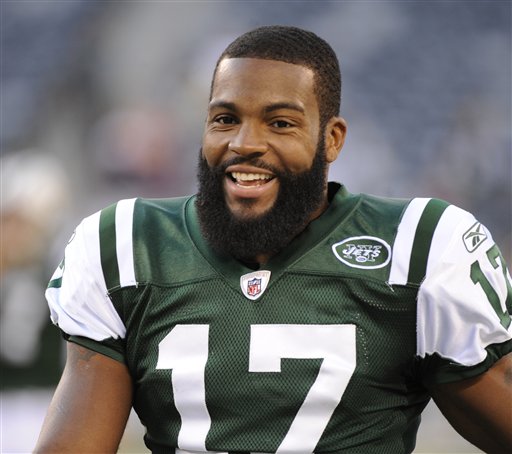 FILE - This Aug. 27, 2010, file photo shows New York Jets' Braylon Edwards before a Jets preseason football game against the Washington Redskins at New Meadowlands Stadium in East Rutherford, N.J.  Braylon Edwards has been arrested in Manhattan on a charge of driving while intoxicated.  A law enforcement official tells The Associated Press that Edwards was pulled over on the west side of Manhattan around 5:15 a.m. Tuesday, Sept. 21, 2010,  because his vehicle had excessive tinting on its windows. The official says police noticed a strong smell of alcohol and arrested Edwards. (AP Photo/Bill Kostroun, File)