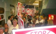 Opponents to Avalon Bay outnumber supporters outside the Huntington Town Board meeting room on the night of the vote that killed the project.
