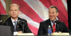 Candidates for New York attorney general, Dan Donovan, left, and Eric Schneiderman, take part in a debate at the WAMC Linda Norris Auditorium in Albany, N.Y., Monday, Oct. 25, 2010. (AP Photo/Albany Times Union, Paul Buckowski)