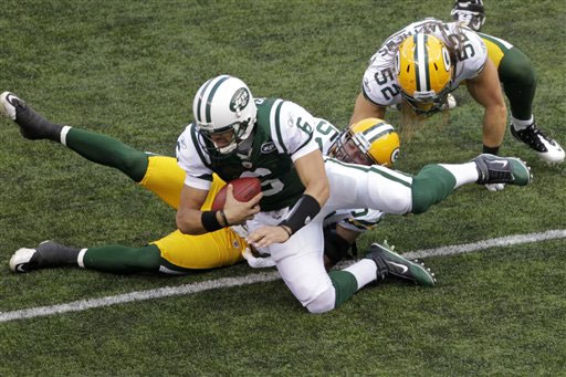 New York Jets quarterback Mark Sanchez (6) is sacked by Green Bay Packers linebacker Brandon Chillar (54) during the first quarter of an NFL football game at New Meadowlands Stadium Sunday, Oct. 31, 2010, in East Rutherford, N.J. (AP Photo/Seth Wenig)