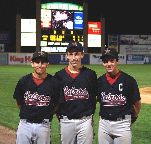 Cam Maron (right) of the Long Island Astros with teammates Ryan Rusoff (left) and P.J. Lenz (center) at the "Boys of Summer" All-Star Game at Citibank Park (now Bethpage Ballpark) in summer 2007.