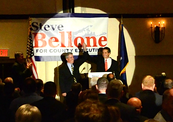 Babylon Town Supervisor Steve Bellone (left), the Democratic candidate for Suffolk County executive, was endorsed Monday night in Huntington by Gov. Andrew Cuomo.