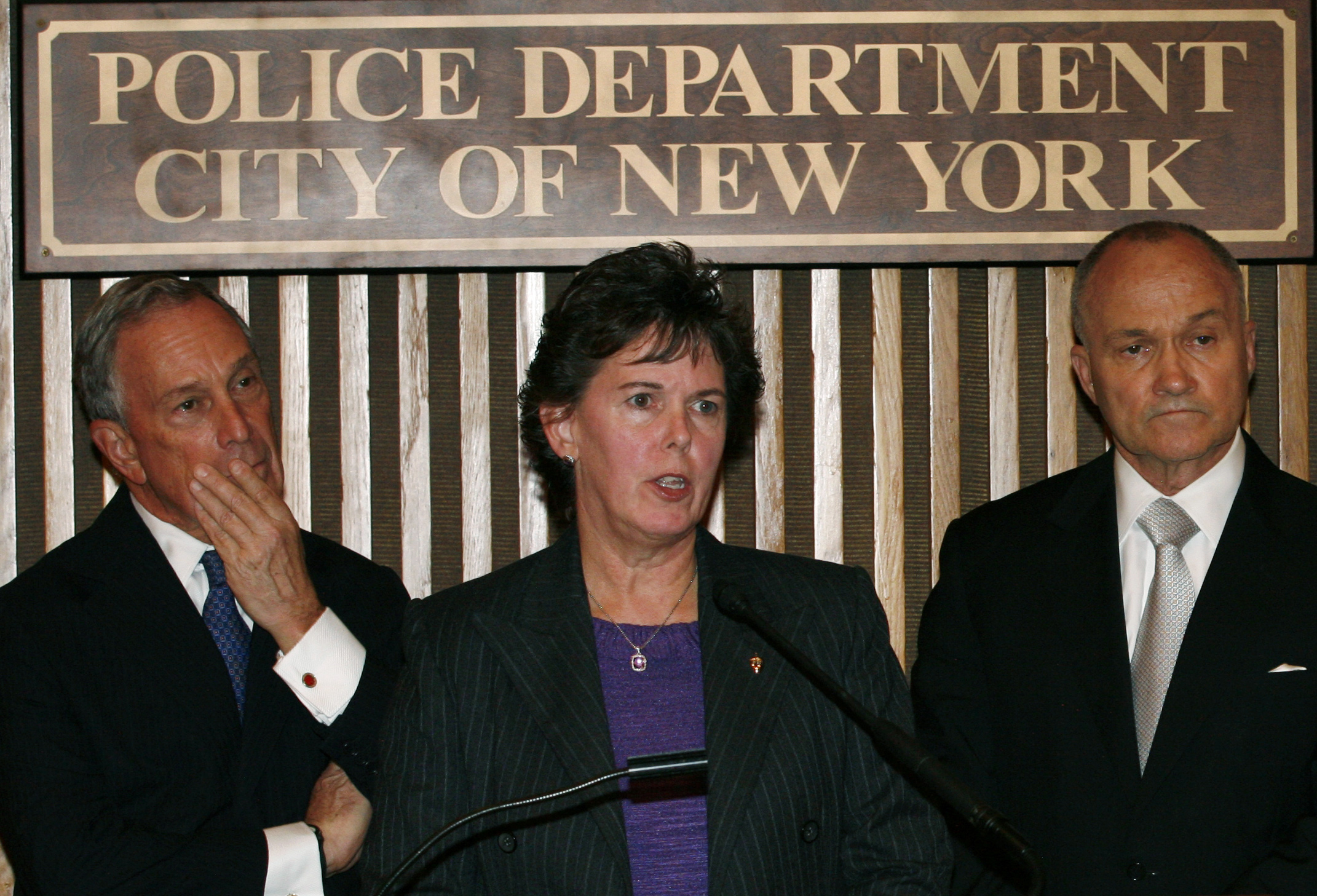 Janice Fedarcyk, center, assistant director of the FBI's New York office, Mayor Michael Bloomberg, left, and Police Commissioner Raymond Kelly hold a news conference, Thursday, Sept. 8, 2011 in New York. They announced a terror threat has been made against New York and Washington. (AP Photo/David Karp)