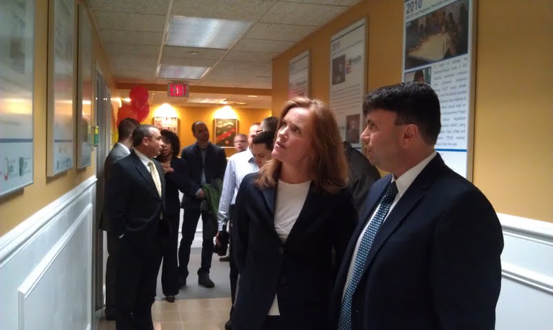 Long Island GLBT Community Center CEO David Kilmnick gives a tour to Nassau Distract Attorney Kathleen Rice during the ribbon cutting ceremony for the group's new location.