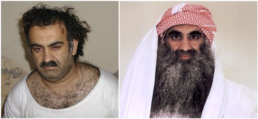 At left a March 1, 2003 photo obtained by the Associated Press shows Khalid Sheikh Mohammed, the alleged Sept. 11 mastermind,  shortly after his capture during a raid in Pakistan. At right, a photo downloaded from the Arabic language Internet site www.muslm.net and purporting to show a man identified by the Internet site as Khalid Sheik Mohammed, the accused mastermind of the Sep. 11 attacks,  is seen in detention at Guantanamo Bay, Cuba. The picture was allegedly taken in July 2009 by the International Committee of the Red Cross (ICRC) and released only to the detainee's family under a new policy allowing the ICRC  to photograph Guantanamo inmates, ICRC spokesman Bernard Barrett said Wednesday, Sept. 9, 2009. Five men accused of orchestrating the Sept. 11 attacks, including the self-proclaimed mastermind, are headed back to a military tribunal  at Guantanamo Bay more than three years after President Barack Obama put the case on hold in a failed effort to move the proceedings to a civilian court and close the prison at the U.S. base in Cuba. (AP Photo/www.muslm.net)