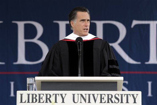 Republican presidential candidate, former Massachusetts Gov. Mitt Romney delivers the commencement address at the Liberty University in Lynchburg, Va, Saturday, May 12, 2012. (AP Photo/Jae C. Hong)