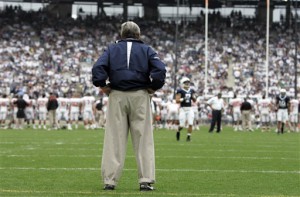 In this Sept. 6, 2008 file photo, Penn State coach Joe Paterno surveys the field before an NCAA college football game against Oregon State at Beaver Stadium in State College, Pa. NCAA president Mark Emmert says he isn't ruling out the possibility of shutting down the Penn State football program in the wake of the Jerry Sandusky child sex abuse scandal. In a PBS interview Monday night, July 16, 2012, he said he doesn't want to "take anything off the table" if the NCAA determines penalties against Penn State are warranted. (AP Photo/Carolyn Kaster, File)