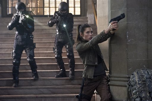 This film image released by Columbia Pictures shows Jessica Biel in a scene from the action thriller "Total Recall."  (AP Photo/Columbia Pictures - Sony, Michael Gibson)