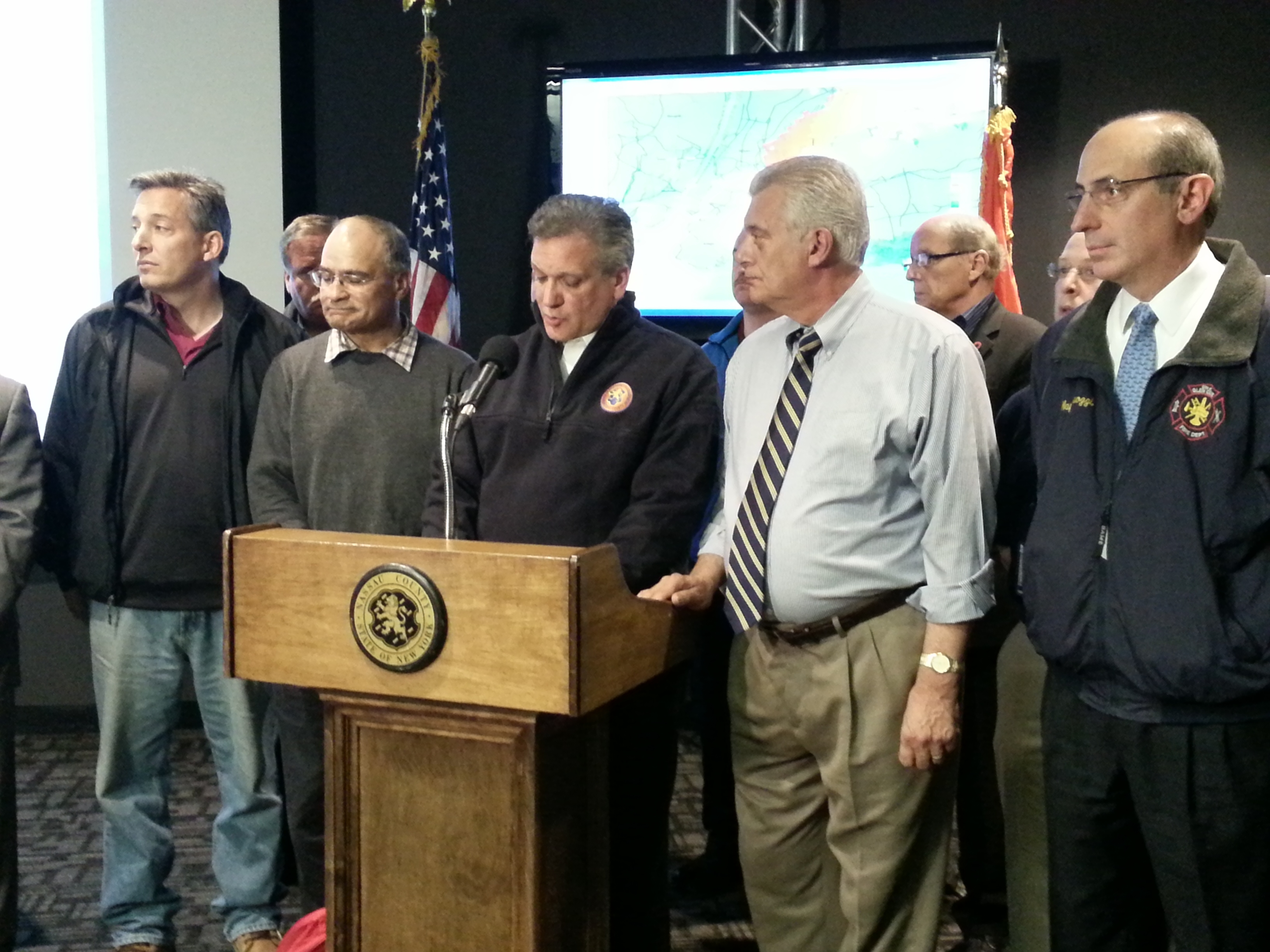 Nassau County Executive Ed Mangano (at podium) issued a State of Emergency for Nassau County Saturday Oct. 27, 2012 in anticipation of Hurricane Sandy, aka "Frankenstorm," which is expected to begin to impact Long Island Sunday, Oct. 28. (Rashed Mian/Long Island Press)