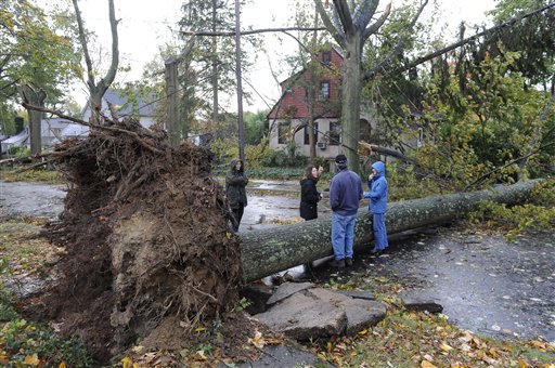 Barbara Sinenberg, left and Arlene O'Dell, second from left, talk with neighbors next to a tree that had fallen across Barberry Lane as a result of the powerful winds and rain of Hurricane Sandy on Tuesday, Oct., 30, 2012, in Sea Cliff, N.Y. O'Dell's car was crushed by a fallen tree and her home, background was surrounded by fallen trees. (AP Photo/Kathy Kmonicek)