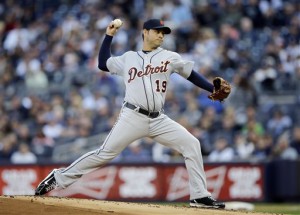 Detroit Tigers' Anibal Sanchez throws in the first inning during Game 2 of the American League championship series against the New York Yankees on Sunday, Oct. 14, 2012, in New York. (AP Photo/Matt Slocum)