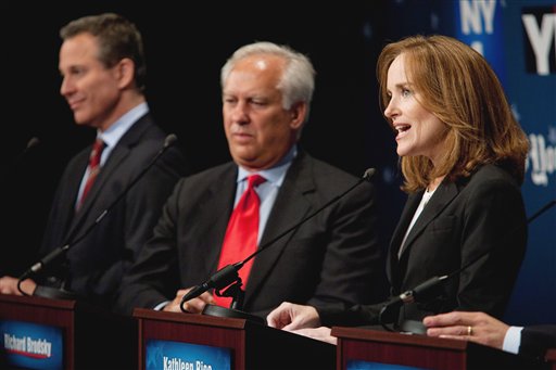 Democratic Attorney General hopeful Kathleen Rice, right, makes a point as fellow contenders Eric Schneiderman, left and Richard Brodsky listen during their debate in New York Tuesday, Sept. 7, 2010. The five candidates for the Democratic nomination for New York Attorney General participated in a televised debate in New York City. (AP Photo/Marcus Yam, Pool)