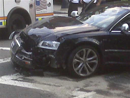 This cell phone photo provided by John McMahon shows an automobile  driven by New England Patriots quarterback Tom Brady after it was involved in an early morning accident in Boston, Thursday, Sept. 9, 2010. (AP Photo/Bill Sikes)