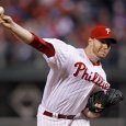 Philadelphia Phillies starting pitcher Roy Halladay delivers to a Cincinnati Reds batter during the fifth inning of Game 1 of baseball's National League Division Series, Wednesday, Oct. 6, 2010, in Philadelphia. Hally would go on to toss a no-hitter, only the second time such a feat has been in accomplished in baseball's postseason.(AP Photo/Matt Slocum)