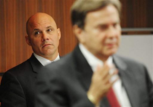 Former major league baseball player Jim Leyritz, left, is seen with his attorney David Bogenschutz as potential jurors enter the courtroom during jury selection, Monday, Oct. 25, 2010, in the Broward County Courthouse in Ft. Lauderdale, Fla. Leyritz is accused of driving drunk in December 2007, running a red light and crashing into a vehicle driven by 30-year-old Fredia Ann Veitch. (AP Photo/Sun Sentinel, Joe Cavaretta)