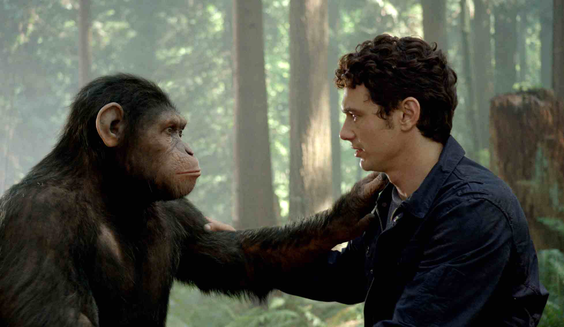 In this image released by Twentieth Century Fox, Caesar the chimp, a CG animal portrayed by Andy Serkis, and James Franco are shown in a scene from "Rise of the Planet of the Apes ."  The prequel "Rise of the Planet of the Apes," opening in U.S. theaters Friday, features chimpanzees, gorillas and orangutans crafted through performance-capture. It is the same technology used for the giant gorilla in Peter Jackson's 2005 "King Kong," with the same actor who did Kong, Andy Serkis, playing the lead chimp in the prequel.(AP Photo/Twentieth Century Fox)