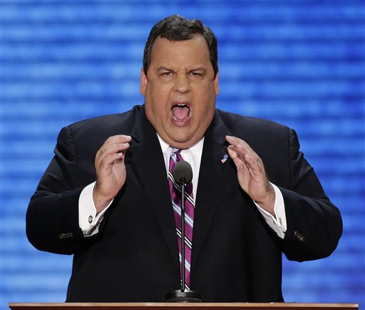 New Jersey Governor Chris Christie addresses the Republican National Convention in Tampa, Fla., on Tuesday, Aug. 28, 2012. (AP Photo/J. Scott Applewhite)