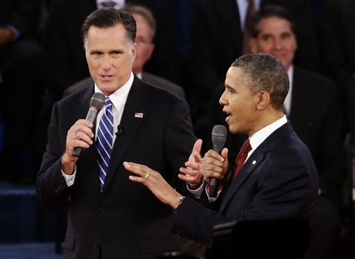 President Barack Obama and Republican presidential candidate and former Massachusetts Gov. Mitt Romney speak during the second presidential debate at Hofstra University in Hempstead, N.Y., Tuesday, Oct. 16, 2012. (AP Photo/Charles Dharapak)